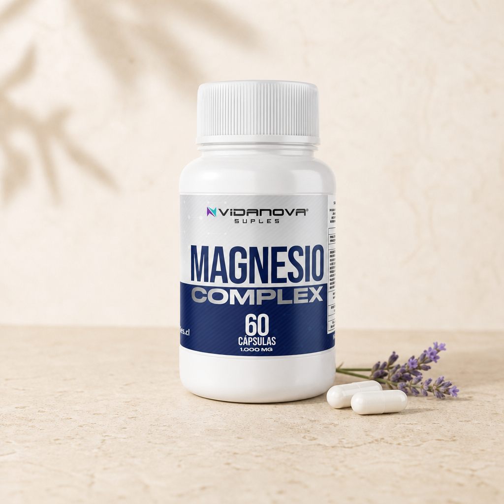 Frasco de Magnesio Complex Vidanova sobre fondo crema con cápsulas y lavanda