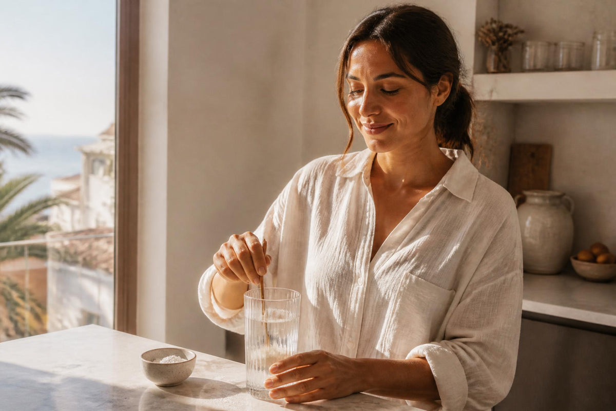 Mujer preparando su vaso de colágeno en casa por la mañana